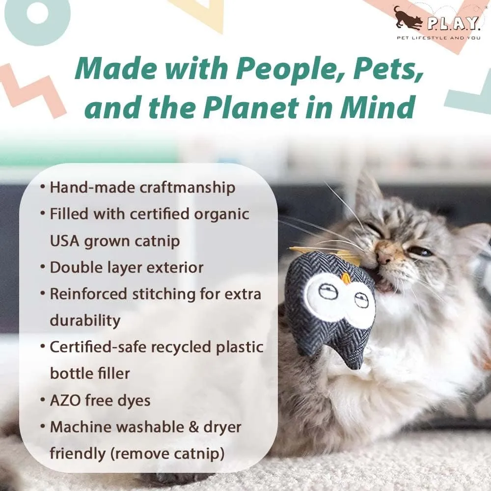 P.L.A.Y. Cute Cat Toys - Feline Frenzy Animal Critter Themed Catnip Filled Toy, Great for Adult Cats and Kittens - Machine Washable, Recycled Materials, Crinkles, Rattle (Hooti-Ful Owl, Set of 2)
