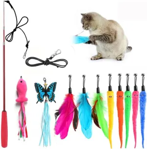 Retractable Cat Toy Wand, 12 Packs Interactive Cat Feather Toys, 9 Assorted Teaser Refills with Bell for Kitten (Pink)