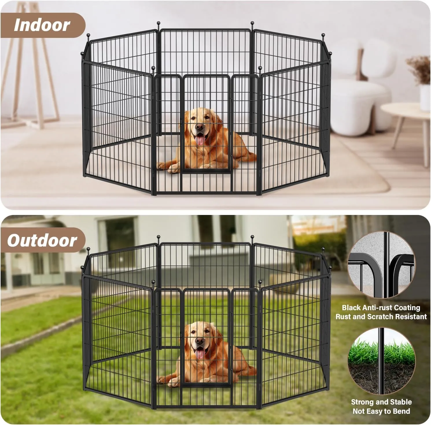 Simple Deluxe Dog Playpen Indoor Outdoor, 24" Height 8 Panels Fence with Anti-Rust Coating, Metal Heavy Portable Foldable Dog Pen for Small/Medium Dogs RV Camping, Black