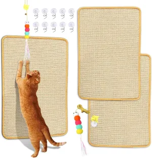 Sisal Scratching Mat, 2 Packs Natural Fabric 23.6" x 15.8" Cat Pad With Cute Playing Toy and Spiral Nails, Wall Scratchers for Fabric Sofa Chair (2Pcs, Beige)