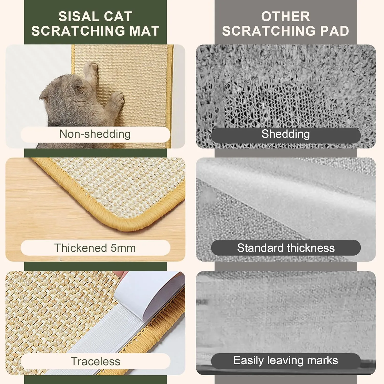 Sisal Scratching Mat, 2 Packs Natural Fabric 23.6" x 15.8" Cat Pad With Cute Playing Toy and Spiral Nails, Wall Scratchers for Fabric Sofa Chair (2Pcs, Beige)