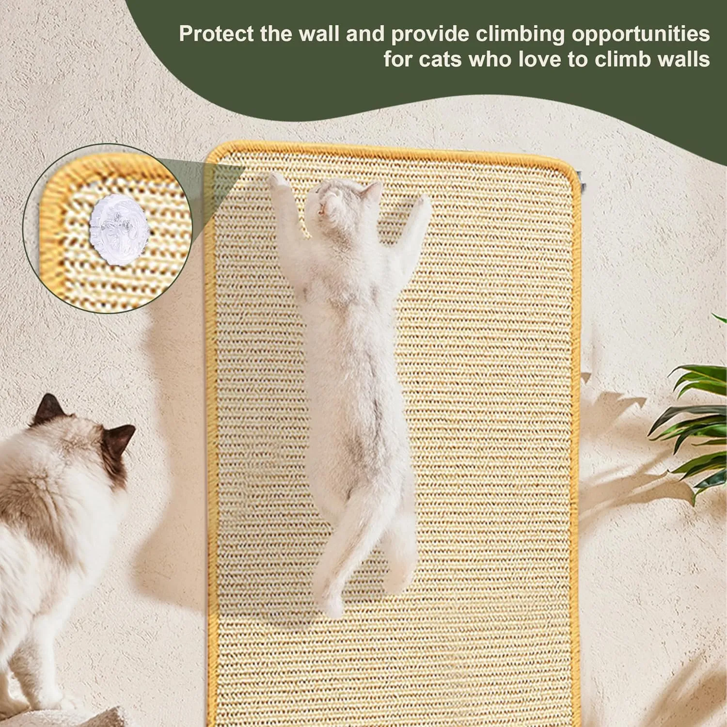 Sisal Scratching Mat, 2 Packs Natural Fabric 23.6" x 15.8" Cat Pad With Cute Playing Toy and Spiral Nails, Wall Scratchers for Fabric Sofa Chair (2Pcs, Beige)