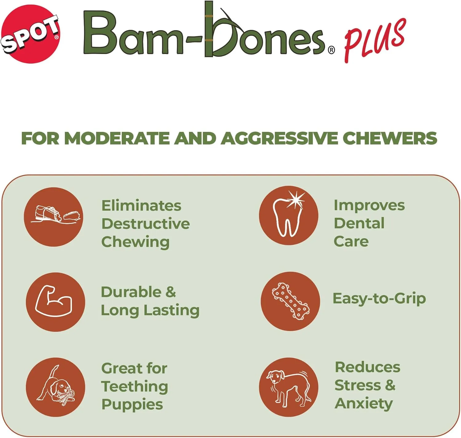 SPOT Bam-Bones Plus Gigglers Dumbbell Durable Dog Chew Toy, for Medium Aggressive Chewers, Bamboo Fiber & Nylon, Dual Texture, Massaging Rubber Ends, Peanut Butter Flavor, 5.5 in