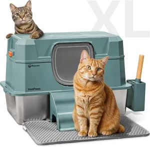 Stainless Steel Litter Box With Built-in Odor Control - 28L XL Enclosed Metal Cat Litter Box For Large Cats High Sided 3 in1 XXL Extra Large Deep Boxes For Indoor Cats With Mat- Steps- And Scoop Green