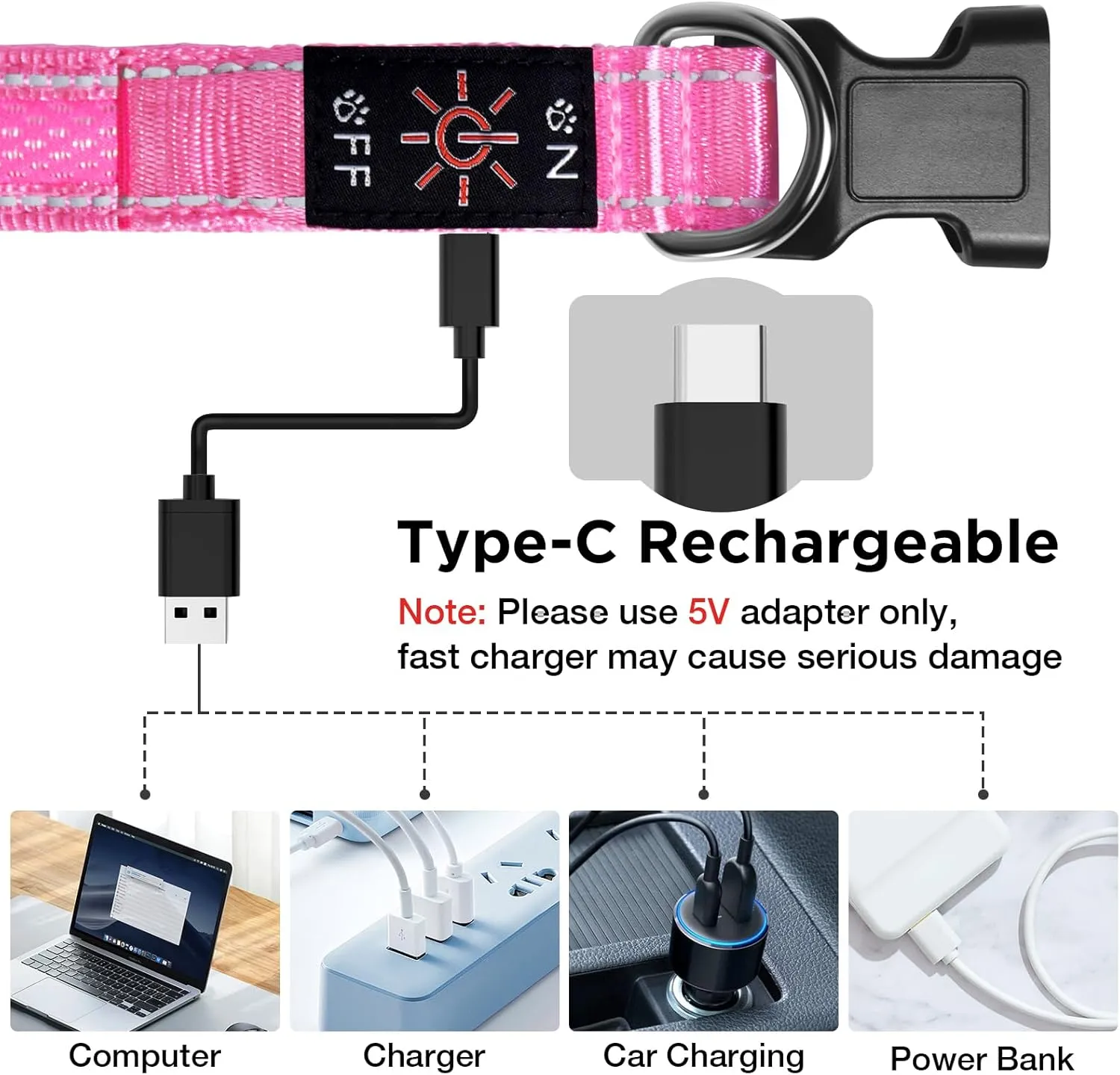 TDTOK LED Dog Collar Rechargeable Adjustable Durable Nylon Comfortable Light Up Collars for Small Medium Large Dogs with Reflective Lines Lightweight Plastic Buckle