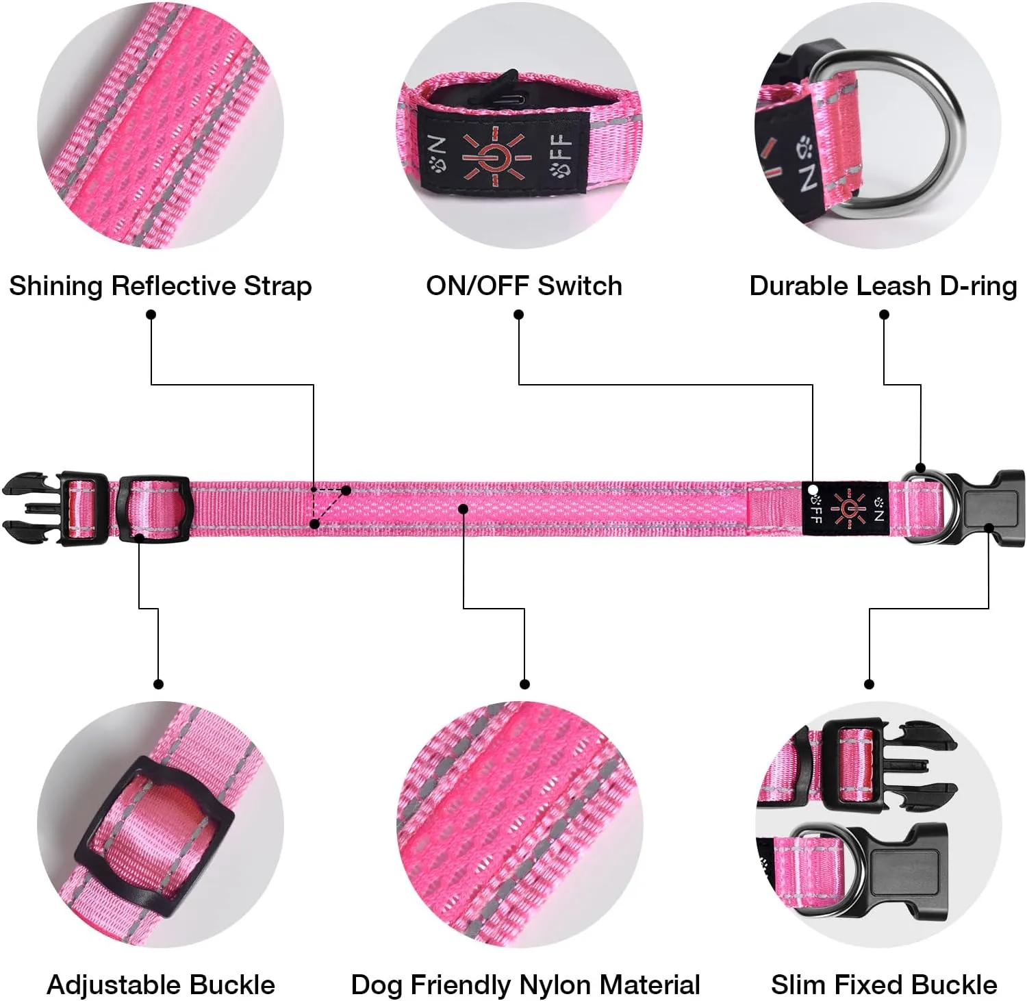 TDTOK LED Dog Collar Rechargeable Adjustable Durable Nylon Comfortable Light Up Collars for Small Medium Large Dogs with Reflective Lines Lightweight Plastic Buckle