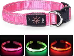 TDTOK LED Dog Collar Rechargeable Adjustable Durable Nylon Comfortable Light Up Collars for Small Medium Large Dogs with Reflective Lines Lightweight Plastic Buckle