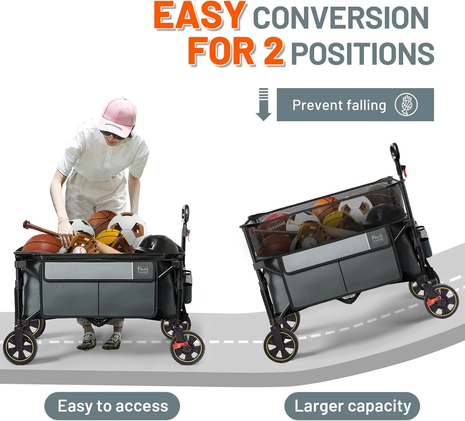 TIMBER RIDGE 350L Extra Large Collapsible Folding Wagon Carts with Brake, Heavy Duty Outdoor Camping Utility Wagons with Extended Height, Adjustable Handle, Cup Holders, Side Bag (Gray)