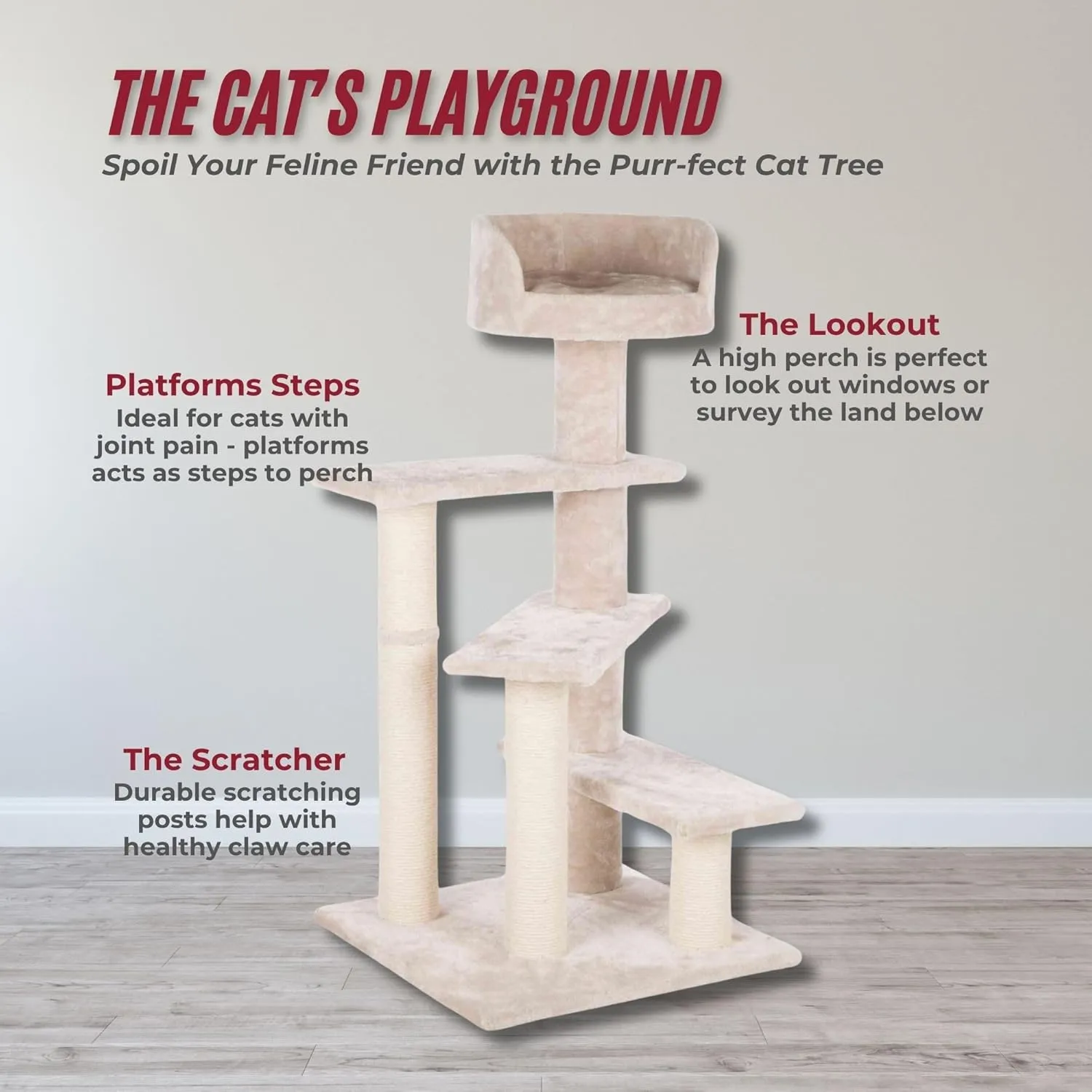 TRIXIE Tulia Senior Cat Tree with Scratching Posts, Four Platforms, Padded Top Platform, Cream Medium