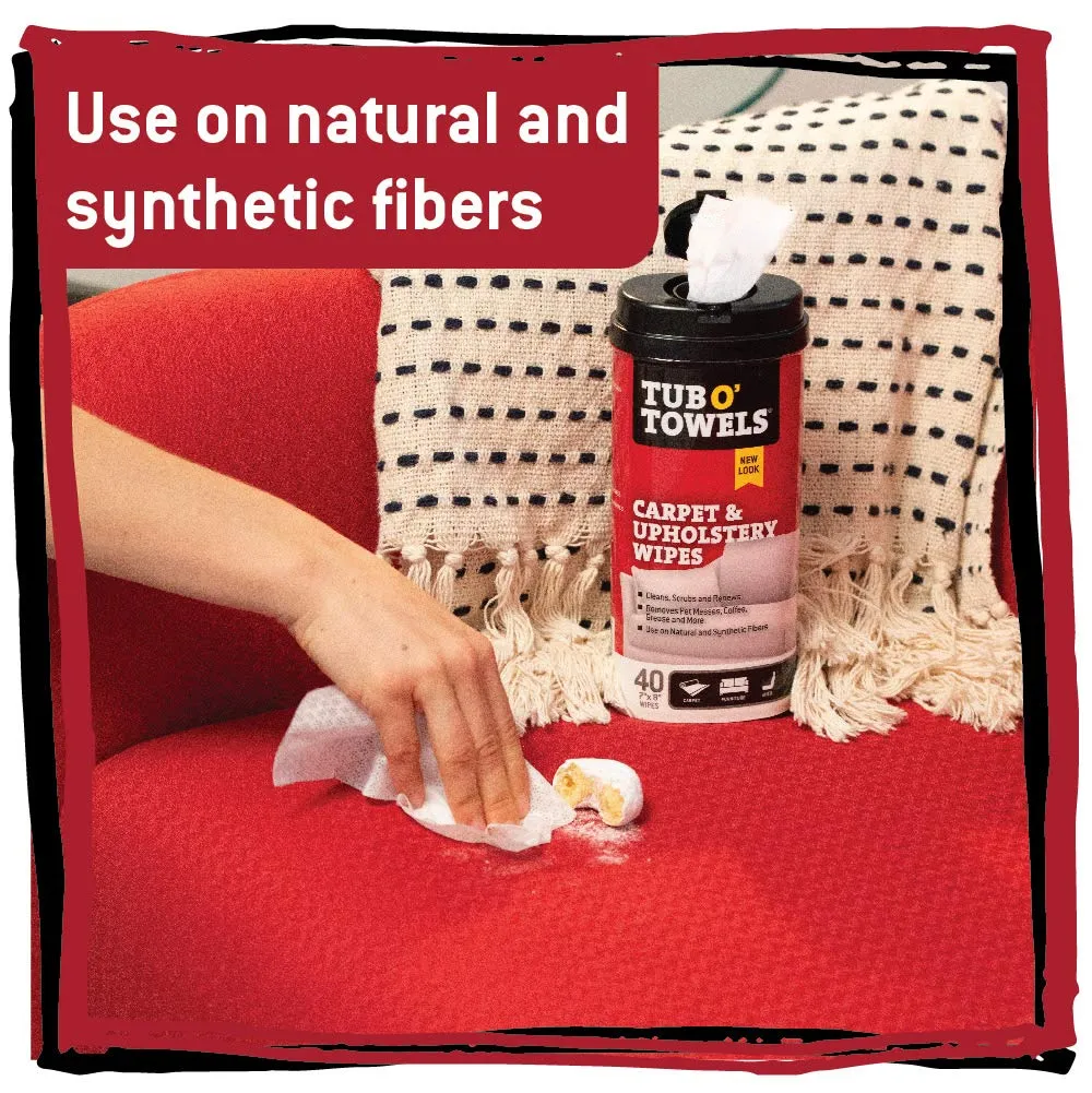 Tub O' Towels Carpet, Rug, and Upholstery Cleaning Wipes - Extra Strength Stain Remover, Odor-Fighting Power, Safe on Natural & Synthetic Fibers, 40-7 x 8 Wipes Per Tub, 1-Pack, Light Citrus Scent