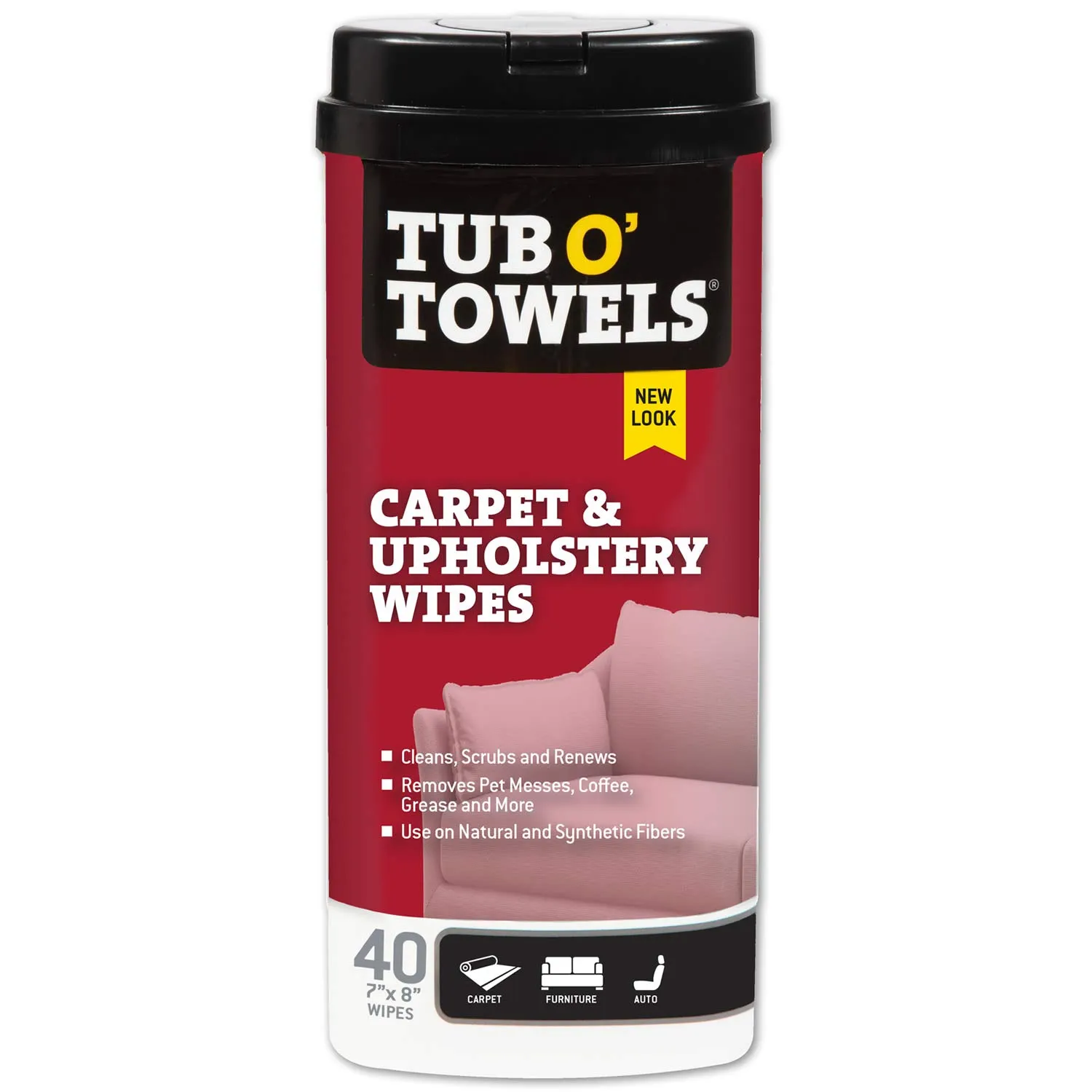 Tub O' Towels Carpet, Rug, and Upholstery Cleaning Wipes - Extra Strength Stain Remover, Odor-Fighting Power, Safe on Natural & Synthetic Fibers, 40-7 x 8 Wipes Per Tub, 1-Pack, Light Citrus Scent