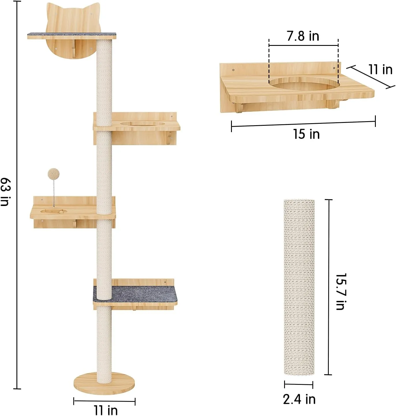 Wall Mounted Cat Tree with 2pcs Non-Slip Carpet, 63" Tall Sisal Scratching Post and Cat Shelves Perch with Wood Track Toy Ball, Cat Wall Shelf ClimbingTower for Indoor Middle Large Kitten