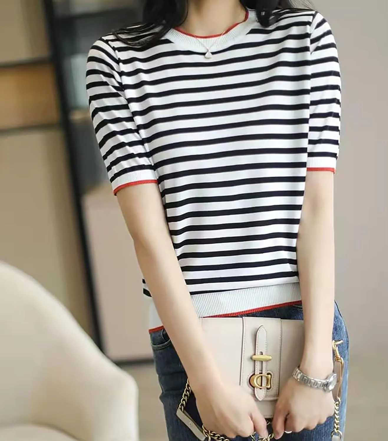 Women's Lightweight Sweater Short Sleeve Round Neck Striped Knit Casual Pullover Tops