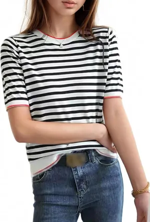 Women's Lightweight Sweater Short Sleeve Round Neck Striped Knit Casual Pullover Tops