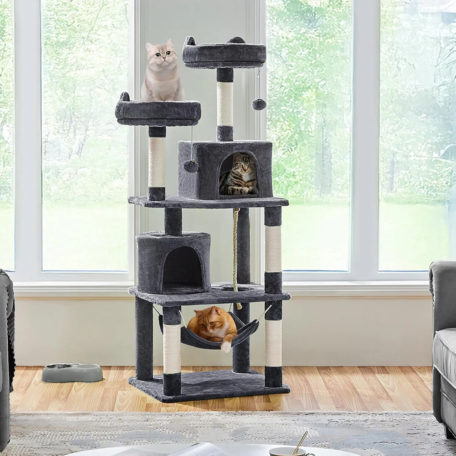 Yaheetech 62.5inches Cat Tree Cat Tower Cat Condo with Platform & Hammock, Scratching Posts for Kittens Pet Play House with Plush Perch for Indoor Activity Relaxing, Dark Gray